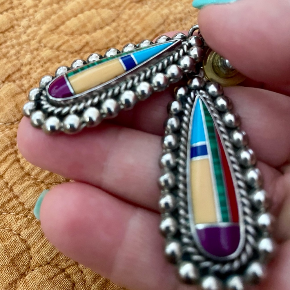 Vtg Taxco Multicolor Inlay Drop Earrings Sterling Silver Southwest Frida Kahlo - Picture 3 of 9